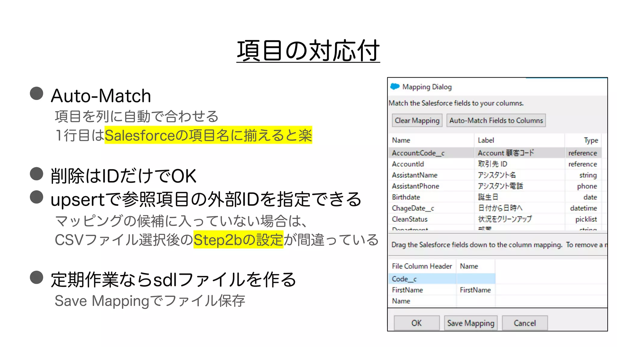 項目の対応付
●Auto-Match
項目を列に自動で合わせる
1行目はSalesforceの項目名に揃えると楽
●削除はIDだけでOK
●upsertで参照項目の外部IDを指定できる
マッピングの候補に入っていない場合は、
CSVファイル選択後のStep2bの設定が間違っている
●定期作業ならsdlファイルを作る
Save Mappingでファイル保存
 