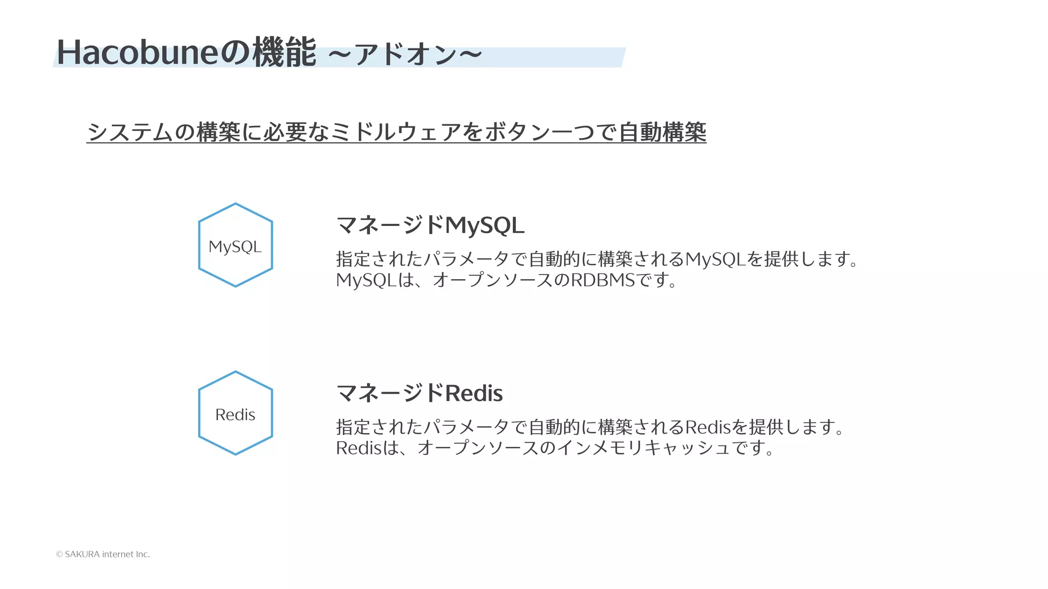 © SAKURA internet Inc.
© SAKURA internet Inc.
Hacobuneの機能 〜アドオン〜
MySQL
Redis
マネージドMySQL
指定されたパラメータで⾃動的に構築されるMySQLを提供します。
MySQLは、オープンソースのRDBMSです。
マネージドRedis
指定されたパラメータで⾃動的に構築されるRedisを提供します。
Redisは、オープンソースのインメモリキャッシュです。
システムの構築に必要なミドルウェアをボタン⼀つで⾃動構築
 