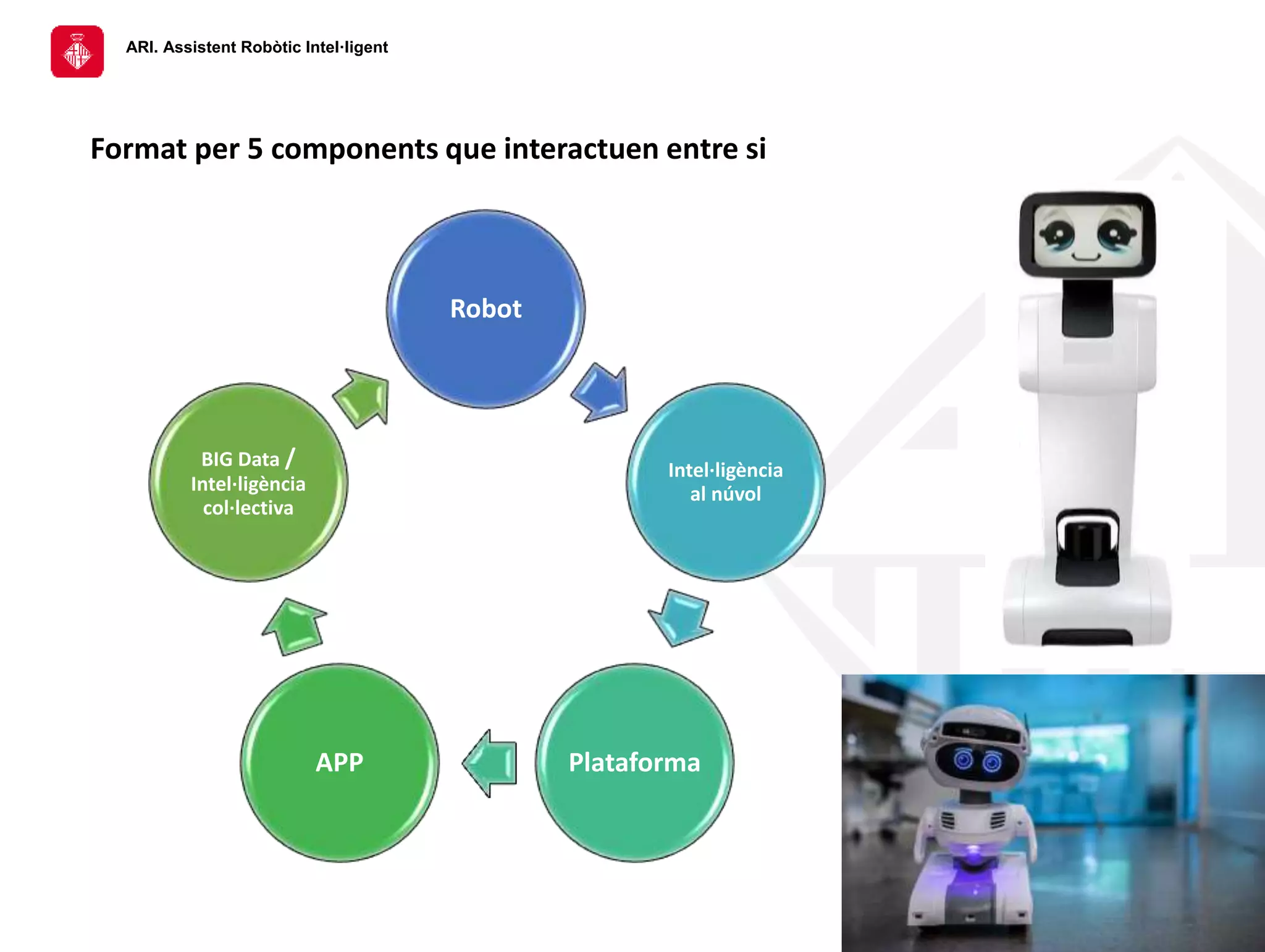 ARI. Assistent Robòtic Intel·ligent
Format per 5 components que interactuen entre si
Robot
Intel·ligència
al núvol
Plataforma
APP
BIG Data /
Intel·ligència
col·lectiva
 