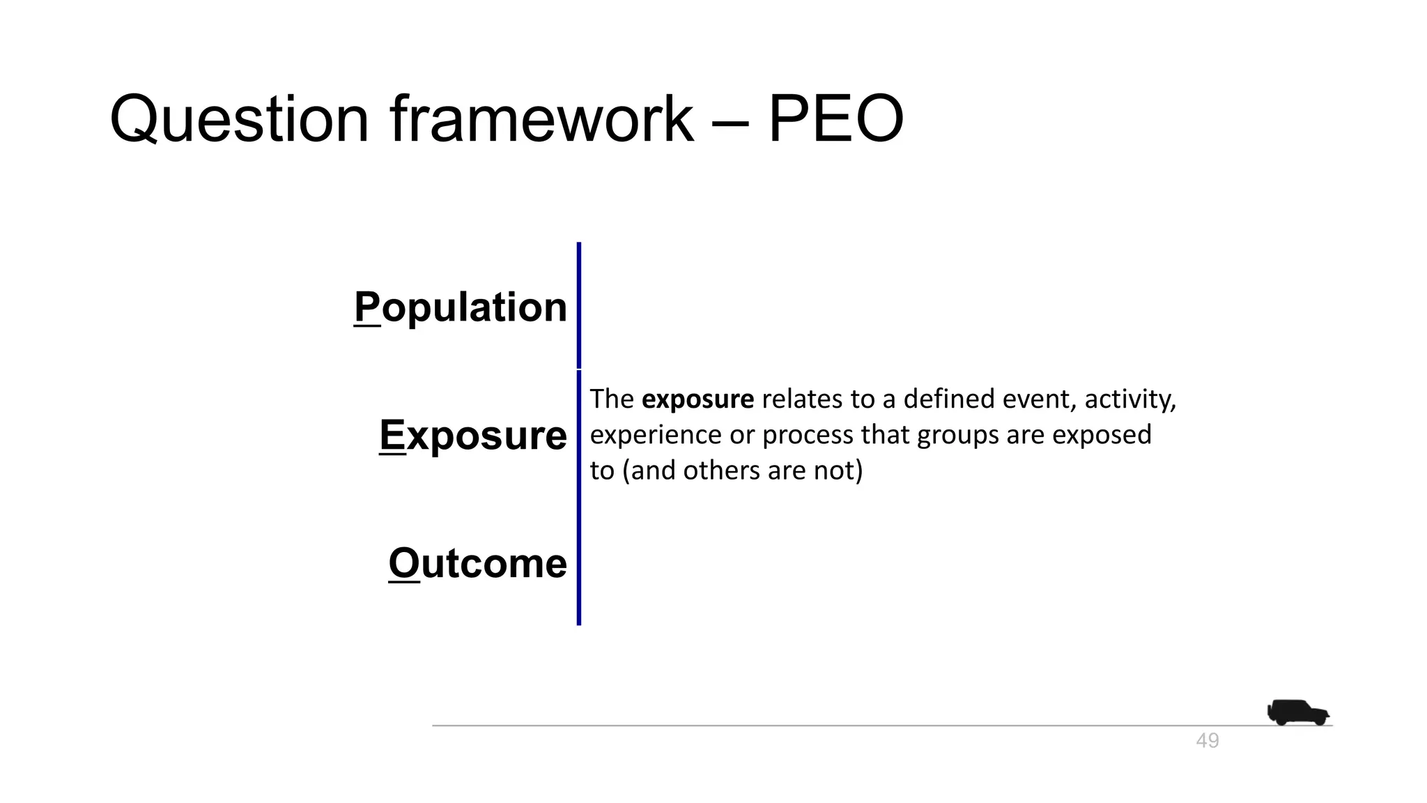 Question framework – PEO
Population
Exposure
The exposure relates to a defined event, activity,
experience or process that groups are exposed
to (and others are not)
Outcome
49
 