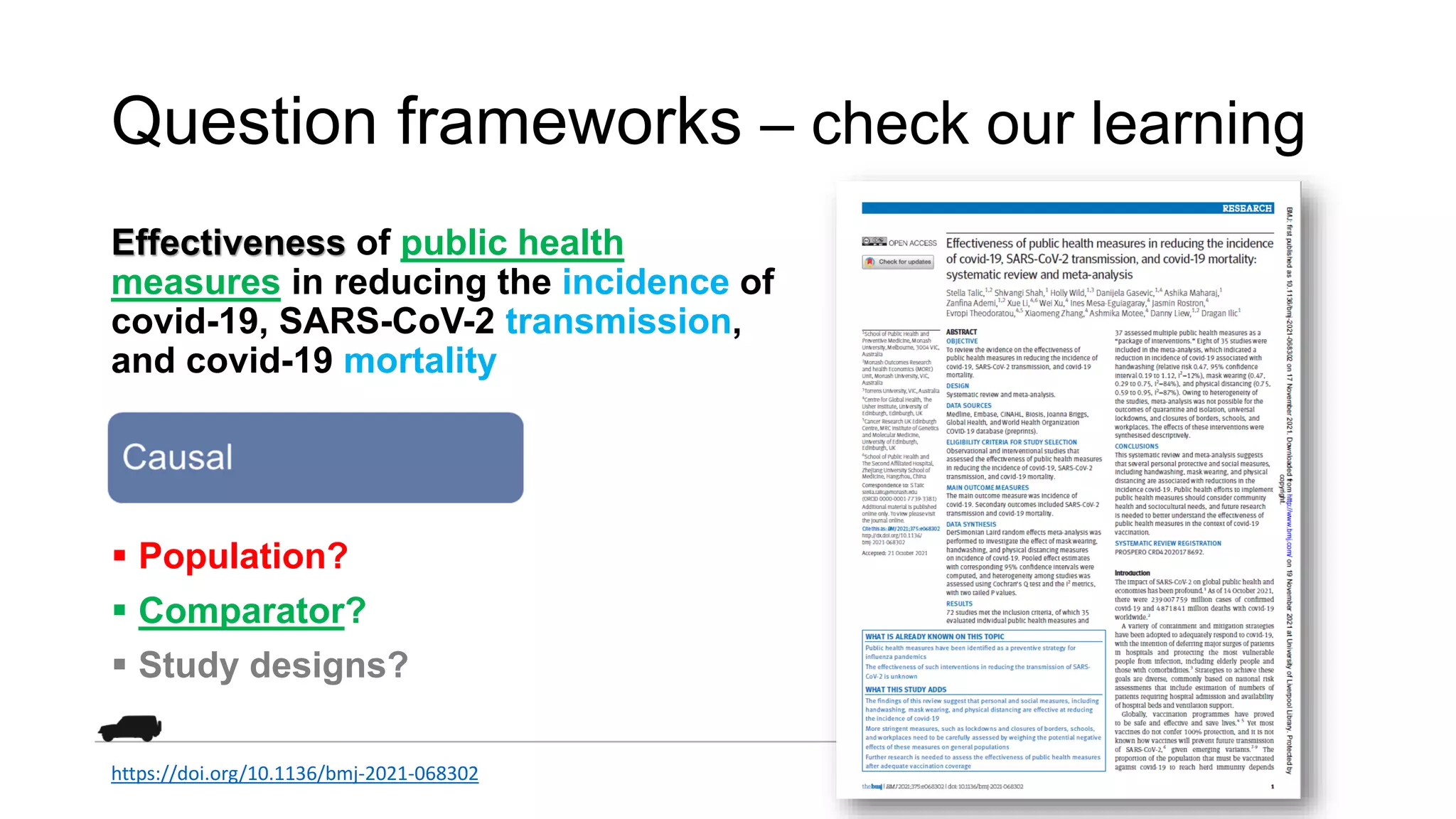 Question frameworks – check our learning
Effectiveness of public health
measures in reducing the incidence of
covid-19, SARS-CoV-2 transmission,
and covid-19 mortality
 Population?
 Comparator?
 Study designs?
https://doi.org/10.1136/bmj-2021-068302
 