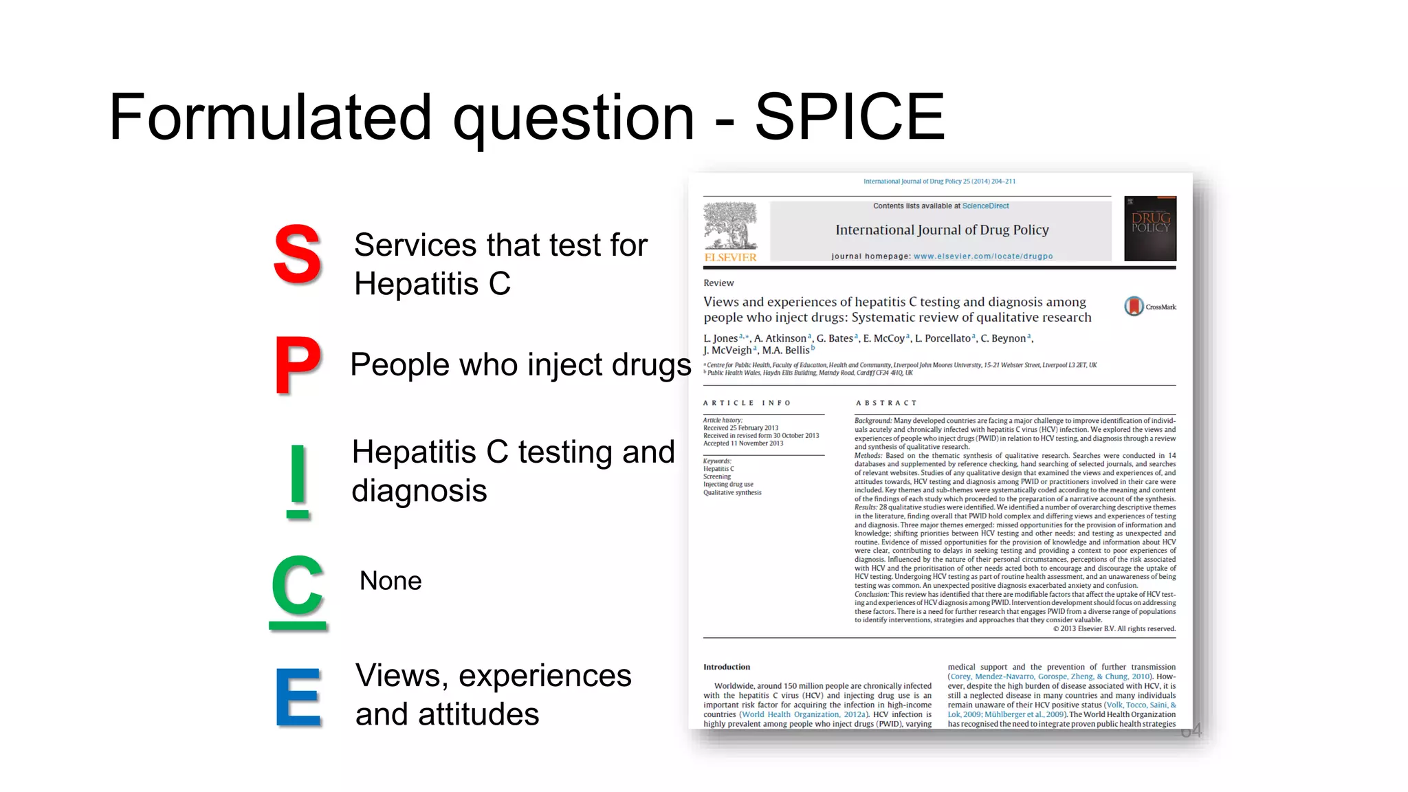 Formulated question - SPICE
64
S
P
I
C
E
Services that test for
Hepatitis C
People who inject drugs
None
Hepatitis C testing and
diagnosis
Views, experiences
and attitudes
 