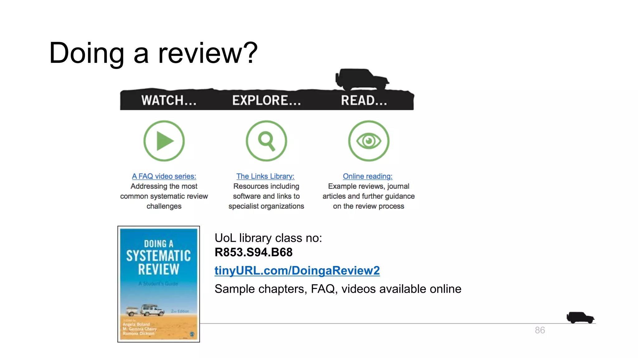 UoL library class no:
R853.S94.B68
tinyURL.com/DoingaReview2
Sample chapters, FAQ, videos available online
86
 Watch
 Explore
 Read
Doing a review?
 