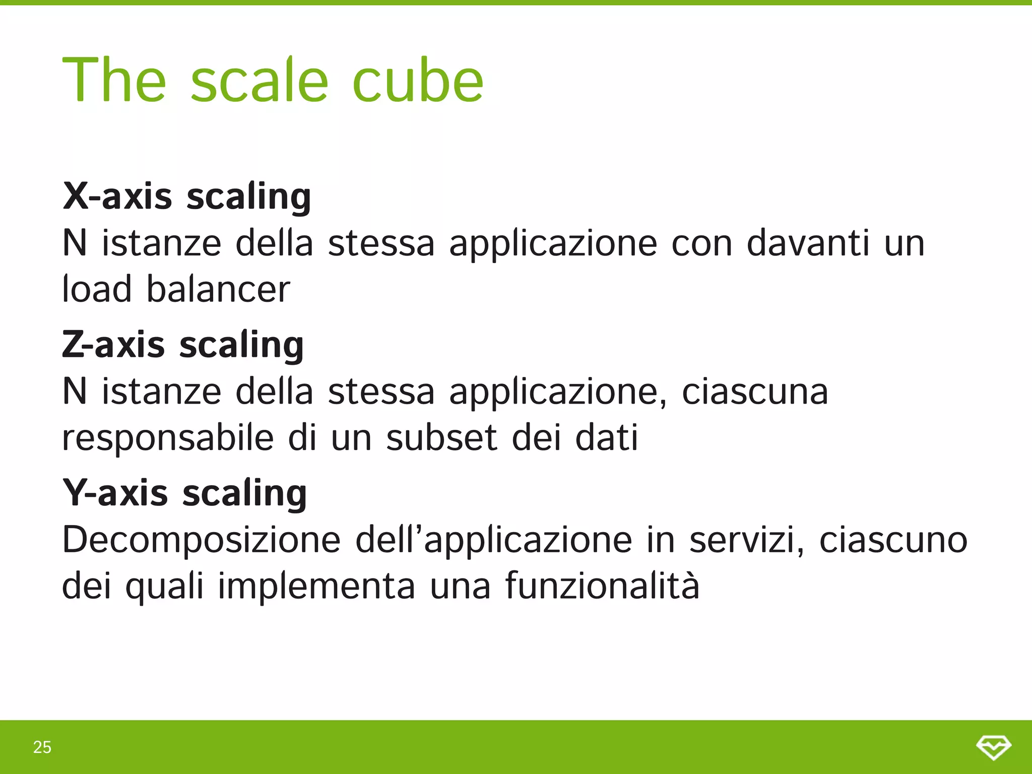 The scale cube 
X-axis scaling 
N istanze della stessa applicazione con davanti un
load balancer 
Z-axis scaling 
N istanze della stessa applicazione, ciascuna
responsabile di un subset dei dati 
Y-axis scaling 
Decomposizione dell’applicazione in servizi, ciascuno
dei quali implementa una funzionalità 
25 
 