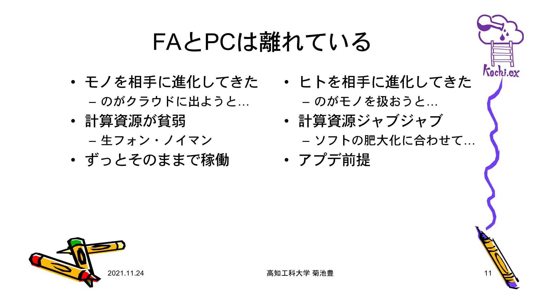 FAとPCは離れている
• モノを相手に進化してきた
– のがクラウドに出ようと…
• 計算資源が貧弱
– 生フォン・ノイマン
• ずっとそのままで稼働
• ヒトを相手に進化してきた
– のがモノを扱おうと…
• 計算資源ジャブジャブ
– ソフトの肥大化に合わせて…
• アプデ前提
2021.11.24 高知工科大学 菊池豊 11
 