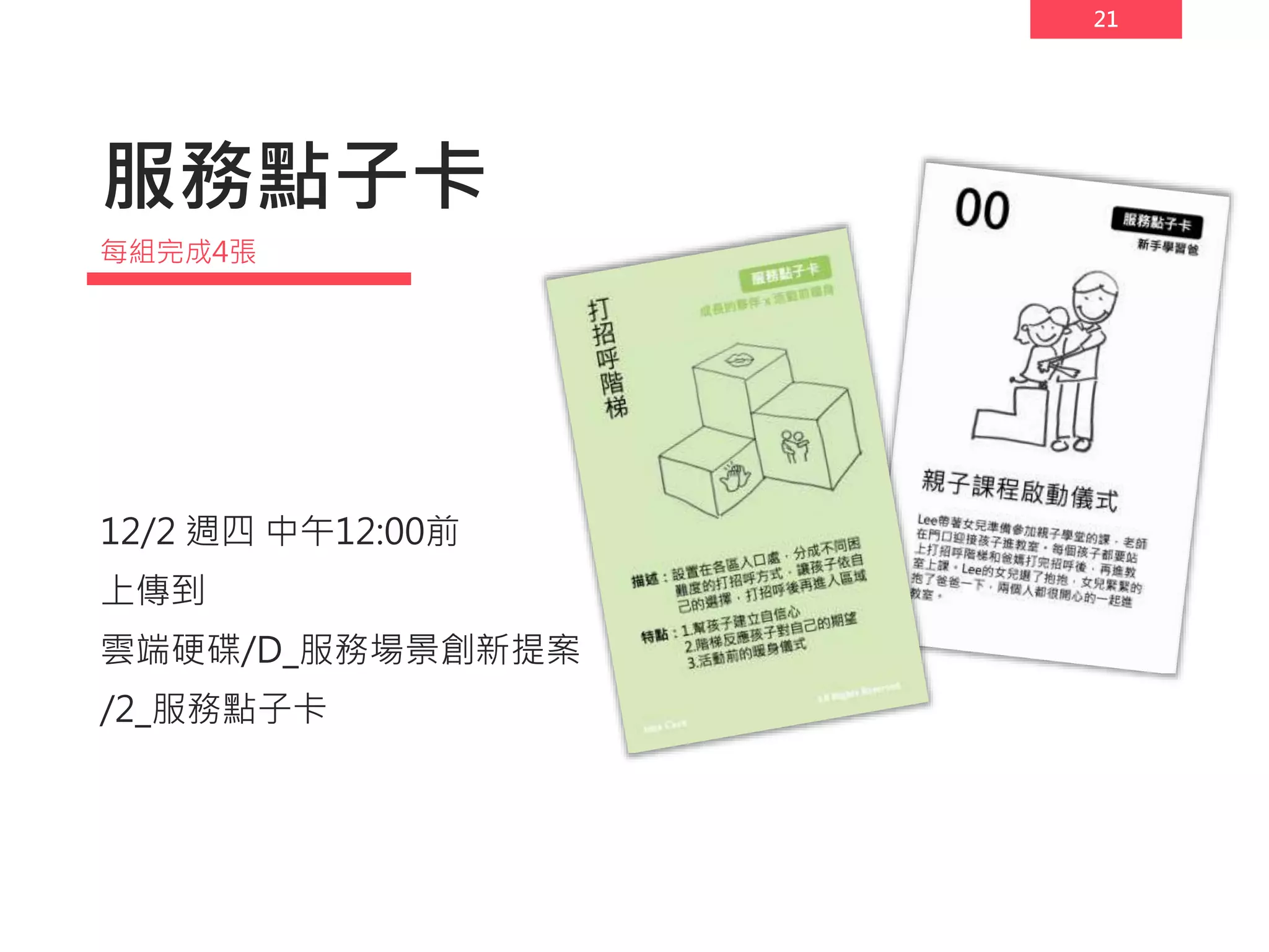21
服務點子卡
12/2 週四 中午12:00前
上傳到
雲端硬碟/D_服務場景創新提案
/2_服務點子卡
每組完成4張
 