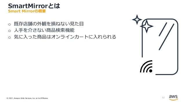 © 2021, Amazon Web Services, Inc. or its Affiliates.
SmartMirrorとは
o 既存店舗の外観を損ねない⾒た⽬
o ⼈⼿を介さない商品検索機能
o 気に⼊った商品はオンラインカートに⼊れられる
12
Smart Mirrorの概要
 