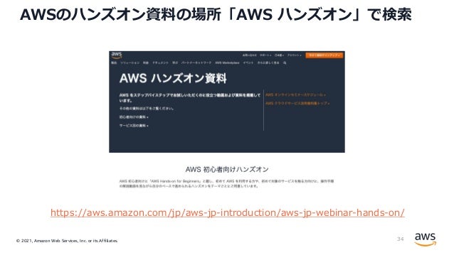 © 2021, Amazon Web Services, Inc. or its Affiliates.
AWSのハンズオン資料の場所「AWS ハンズオン」で検索
34
https://aws.amazon.com/jp/aws-jp-introduction/aws-jp-webinar-hands-on/
 