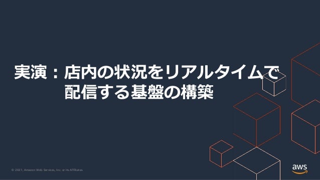 © 2021, Amazon Web Services, Inc. or its Affiliates.
実演︓店内の状況をリアルタイムで
配信する基盤の構築
 