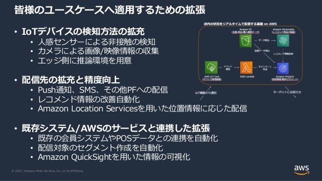 © 2021, Amazon Web Services, Inc. or its Affiliates.
皆様のユースケースへ適⽤するための拡張
• IoTデバイスの検知⽅法の拡充
• ⼈感センサーによる⾮接触の検知
• カメラによる画像/映像情報の収集
• エッジ側に推論環境を⽤意
• 配信先の拡充と精度向上
• Push通知、SMS、その他PFへの配信
• レコメンド情報の改善⾃動化
• Amazon Location Servicesを⽤いた位置情報に応じた配信
• 既存システム/AWSのサービスと連携した拡張
• 既存の会員システムやPOSデータとの連携を⾃動化
• 配信対象のセグメント作成を⾃動化
• Amazon QuickSightを⽤いた情報の可視化
 