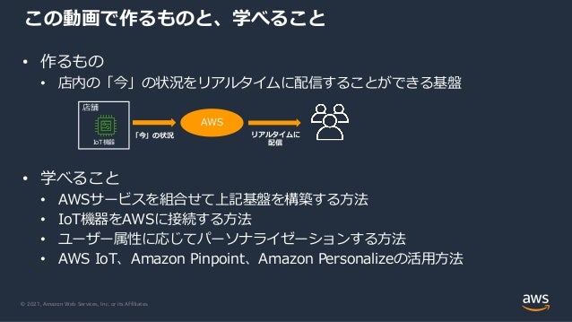 © 2021, Amazon Web Services, Inc. or its Affiliates.
• 作るもの
• 店内の「今」の状況をリアルタイムに配信することができる基盤
• 学べること
• AWSサービスを組合せて上記基盤を構築する⽅法
• IoT機器をAWSに接続する⽅法
• ユーザー属性に応じてパーソナライゼーションする⽅法
• AWS IoT、Amazon Pinpoint、Amazon Personalizeの活⽤⽅法
この動画で作るものと、学べること
店舗
AWS
「今」の状況
IoT機器
リアルタイムに
配信
 