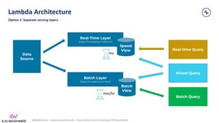 @KaiWaehner - www.kai-waehner.de – Cloud-native Event Streaming CTO Roundtable
10
Data
Source
Real-Time Layer
(Data Processing in Motion)
Batch Layer
(Data Processing at Rest)
Real-time Query
Mixed Query
ms
min/hr
Speed
View
Batch
View
Batch Query
Lambda Architecture
Option 2: Separate serving layers
 