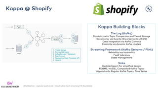 @KaiWaehner - www.kai-waehner.de – Cloud-native Event Streaming CTO Roundtable
Kappa @ Shopify
13
Kappa Building Blocks
The Log (Kafka)
Durability with Topic Compaction and Tiered Storage
Consistency via Exactly-Once Semantics (EOS)
Data Integration via Kafka Connect
Elasticity via dynamic Kafka clusters
Streaming Framework (Kafka Streams / Flink)
Reliability and scalability
Fault tolerance
State management
Sinks
Update/Upsert for simplified design:
RDBMS, NoSQL, Compacted Kafka Topics
Append-only: Regular Kafka Topics, Time Series
 