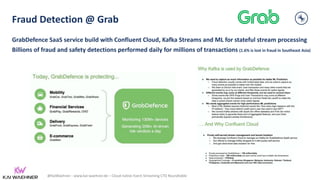 @KaiWaehner - www.kai-waehner.de – Cloud-native Event Streaming CTO Roundtable
Fraud Detection @ Grab
GrabDefence SaaS service build with Confluent Cloud, Kafka Streams and ML for stateful stream processing
Billions of fraud and safety detections performed daily for millions of transactions (1.6% is lost in fraud in Southeast Asia)
 