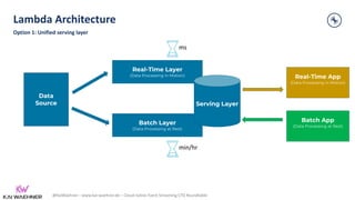 @KaiWaehner - www.kai-waehner.de – Cloud-native Event Streaming CTO Roundtable
Lambda Architecture
Option 1: Unified serving layer
9
Data
Source
Real-Time Layer
(Data Processing in Motion)
Batch Layer
(Data Processing at Rest)
Serving Layer
Real-Time App
(Data Processing in Motion)
Batch App
(Data Processing at Rest)
ms
min/hr
 