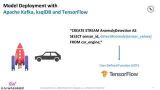 “CREATE STREAM AnomalyDetection AS
SELECT sensor_id, detectAnomaly(sensor_values)
FROM car_engine;“
User Defined Function ...