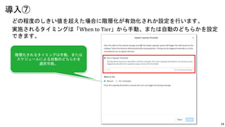 14
どの程度のしきい値を超えた場合に階層化が有効化されか設定を行います。
実施されるタイミングは「When to Tier」から手動、または自動のどちらかを設定
できます。
導入⑦
階層化されるタイミングは手動、または
スケジュールによる自動のどちらかを
選択可能。
 