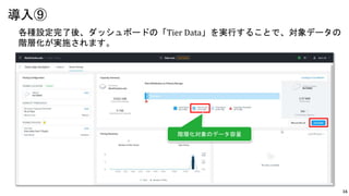 16
各種設定完了後、ダッシュボードの「Tier Data」を実行することで、対象データの
階層化が実施されます。
導入⑨
階層化対象のデータ容量
 