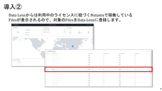 9
Data Lensからは利用中のライセンスに紐づくNutanixで稼働している
Filesが表示されるので、対象のFilesをData Lensに登録します。
導入②
 