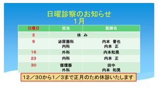 日曜診察のお知らせ
１月
日曜日 担当 医師名
２ 休 み
９ 泌尿器科
内科
内本 晋也
内本 正
１６ 外科 内本和晃
２３ 内科 内本 正
３０ 循環器
外科
田中
内本 和晃
１２／３０から１／３まで正月のため休診いたします
 