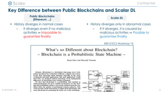 © 2021Scalar, inc.
Confidential
Key Difference between Public Blockchains and Scalar DL
8
Public Blockchains
(Ethereum …)
Scalar DL
• History diverges in normal cases
– It diverges even if no malicious
activities ⇒ Impossible to
guarantee finality
• History diverges only in abnormal cases
– If it diverges, it is caused by
malicious activities ⇒ Possible to
guarantee finality
IEEE ICDCS Workshop’16
 