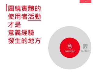 16
圍繞實體的
使用者活動
才是
意義經驗
發生的地方
義
context
意
content
 