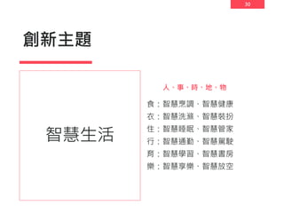 30
創新主題
食：智慧烹調、智慧健康
衣：智慧洗滌、智慧裝扮
住：智慧睡眠、智慧管家
行：智慧通勤、智慧駕駛
育：智慧學習、智慧書房
樂：智慧享樂、智慧放空
智慧生活
人、事、時、地、物
 