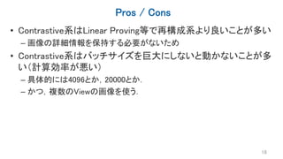 Pros / Cons
• Contrastive系はLinear Proving等で再構成系より良いことが多い
– 画像の詳細情報を保持する必要がないため
• Contrastive系はバッチサイズを巨大にしないと動かないことが多
い（計算効率が悪い）
– 具体的には4096とか，20000とか．
– かつ，複数のViewの画像を使う．
18
 