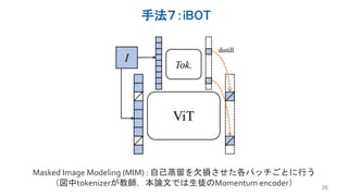 手法７：iBOT
36
Masked Image Modeling (MIM) : 自己蒸留を欠損させた各パッチごとに行う
（図中tokenizerが教師，本論文では生徒のMomentum encoder）
 