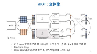 iBOT : 全体像
37
• CLS tokenでの自己蒸留（DINO）＋マスクした各パッチの自己蒸留
• Block masking
• Headはpatchとclsで共有する（色々実験はしている）
 