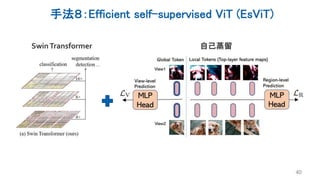 手法８：Efficient self-supervised ViT (EsViT)
40
SwinTransformer 自己蒸留
 