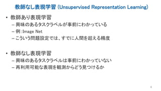 教師なし表現学習 (Unsupervised Representation Learning)
• 教師あり表現学習
– 興味のあるタスクラベルが事前にわかっている
– 例：Image Net
– こういう問題設定では、すでに人間を超える精度
• 教師なし表現学習
– 興味のあるタスクラベルは事前にわかっていない
– 再利用可能な表現を観測からどう見つけるか
4
 
