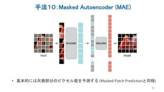 手法１０：Masked Autoencoder (MAE)
47
• 基本的には欠損部分のピクセル値を予測する (Masked Patch Predictionと同様)
 