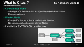 What is Citus ? by Noriyoshi Shinoda
Instance configuration
• Coordinator Node
• A PostgreSQL instance that accepts connec...