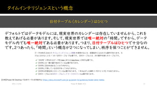 タイムインテリジェンスという概念
2021/12/04 Power BI 勉強会 #23 12
デフォルトではデータモデルには、現実世界のカレンダーは存在していませんから、これを
教えてあげる必要があります。そして、現実世界では唯一絶対の「時間」ですから、データ
モデル内でも唯一絶対である必要があります。つまり、日付テーブルはひとつで十分なの
です。2つあったら、「時間」という概念が2つになってしまい、秩序を保つことができません。
日付テーブル（カレンダー）はひとつ
【引用】Power BI Desktop で日付テーブルを作成する: https://docs.microsoft.com/ja-jp/power-bi/guidance/model-date-tables
 