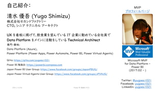 自己紹介：
清水 優吾 (Yugo Shimizu)
株式会社セカンドファクトリー
CTO, シニア テクニカル アーキテクト
UX を看板に掲げて、飲食業を営んでいる IT 企業に勤めている会社員で
Data Platform をメインに活動をしている Technical Architect
専門・興味:
Data Platform (Azure),
Power Platform (Power Apps, Power Automate, Power BI, Power Virtual Agents)
Qiita: https://qiita.com/yugoes1021
Power BI 勉強会: https://powerbi.connpass.com
Japan Power BI User Group: https://www.facebook.com/groups/JapanPBUG/
Japan Power Virtual Agents User Group: https://www.facebook.com/groups/JPVAUG/
Microsoft MVP
for Data Platform -
Power BI
(2017.02 - )
MVP
プロフィールページ
Twitter: @yugoes1021
Facebook: yugoes1021
LinkedIn: yugoes1021
2021/12/04 Power BI 勉強会 #23
 