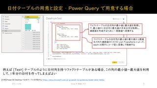 日付テーブルの用意と設定 – Power Query で用意する場合
2021/12/04 Power BI 勉強会 #23 21
【引用】Power BI Desktop で日付テーブルを作成する: https://docs.microsoft.com/ja-jp/power-bi/guidance/model-date-tables
例えば [Test] テーブルのように日付列を持つファクトテーブルがある場合、この列の最小値～最大値を利用
して、1年分の日付を作ってしまえばよい
ファクトテーブルの日付列の最小値と最大値を取得し
て、最小値の1日日付と最大値の月末日付を取得し、
連続値を作成するために一度数値へ変換する
ファクトテーブルの日付列の最小値と最大値から数値
化された連続値のリストを List.Transform によって、
each 以降のレコード型に変換して格納する
 