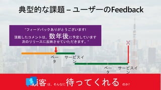 “フィードバックありがとうございます!
頂戴したコメントは、数年後に予定しています
次のリリースに反映させていただきます。”
顧客は、そんなに待ってくれる のか?
 