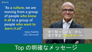 “As a culture, we are
moving from a group
of people who know
it all to a group of
people who want to
learn it all.”
-Satya Nadella
CEO, Microsoft
“全て知っている” から
“全て学ぶ”カルチャーへ
 