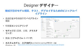 • 直感的なマウス操作でパイプライン
構築
• 特徴量エンジニアリング
• モデル学習 (回帰、分類、クラスタ
リング)
• 推論 (リアルタイム & バッチ)
• カスタムモデル・スクリプト
機械学習のモデル構築、テスト、デプロイするためのビジュアルパ
イプライン
※ 参考 : Azure Machine Learning デザイナー とは
https://docs.microsoft.com/ja-jp/azure/machine-learning/concept-designer
 