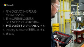 1. マイクロソフトの考える
Metaverseとは
2. 日本の製造業の課題と
マイクロソフトの取り組み
3. 世界で加速するデジタルツイン
4. Industry Metaverse実現に向けて
5. まとめ
 