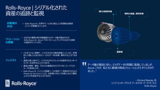 Rolls-Royce | シリアル化された
資産の追跡と監視
データ量の増加に伴い、ビッグデータの問題に直面していましが、
Azure こそが、私たちに最適の既成ソリューションだとすぐにわかり
ました。"
• Rolls-Royce は、世界中で 13,000 基以上の民間航空機用
エンジンを稼働させています。
• さまざまな種類の航空機機器からのデータ量が増加する中、
Rolls-Royce は、Azure プラットフォーム上でシリアル化された資産
の追跡を行っています。
• これまでにない規模で、シリアル化された機体搭載エンジンなど、地理
的に分散したさまざまなソースからデータを収集、集約することができま
す。
• 資産の導入後すぐに、シリアル化されたテレメトリを提供するオンボード
センサーを活用することができます。
• 製品の更新、通知、プロセスの最適化を行うデジタル フィードバック
ループを実現します。
• Rolls-Royce は、エンジンの実績ベースの契約 「1 時間当たりの出力
(Power by the hour)」 により、お客様に代わって財務上および運用
上のリスクを負担することができます。
– Richard Beesley 氏
シニア エンタープライズ アーキテクト データ サービス
Rolls-Royce
燃料の流量、燃料効率
残りの耐用年数
温度差
お客様の
状況
ソリューション
の概要
インパクト
 