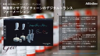 • 醸造所とサプライチェーンの包括的なデジタ
ルツイン モデルを構築（Azure Digital Twins
を活用）
• MESから取れる品質やトレーサビリティ情報
を統合。リモートで監視可能
• 複雑な醸造プロセスを可視化することで、原
材料や設備の状態に応じてパラメータ調整が
可能に
• パッケージング工程では、AIと深層強化学習
(Project Bonsai) により、ラインのボトルネッ
クを検出し、自動的に補正
• Mixed Reality (HoloLens) によるリモートアシ
ストを活用し、メンテナンスを効率化
• 最高水準の品質と一貫性をグローバル規模で
実現
事例: AB InBev (アンハイザー・ブッシュ)
醸造所とサプライチェーンのデジタルトランス
フォーメーション
事例動画フルバージョン (YouTube)：https://www.youtube.com/watch?v=POtqYy_t-eY
 