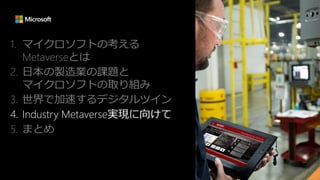 1. マイクロソフトの考える
Metaverseとは
2. 日本の製造業の課題と
マイクロソフトの取り組み
3. 世界で加速するデジタルツイン
4. Industry Metaverse実現に向けて
5. まとめ
 