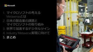 1. マイクロソフトの考える
Metaverseとは
2. 日本の製造業の課題と
マイクロソフトの取り組み
3. 世界で加速するデジタルツイン
4. Industry Metaverse実現に向けて
5. まとめ
 
