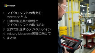 1. マイクロソフトの考える
Metaverseとは
2. 日本の製造業の課題と
マイクロソフトの取り組み
3. 世界で加速するデジタルツイン
4. Industry Metaverse実現に向けて
5. まとめ
 