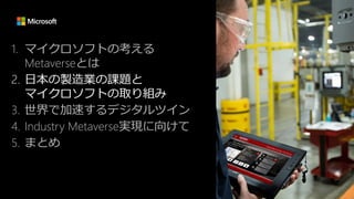1. マイクロソフトの考える
Metaverseとは
2. 日本の製造業の課題と
マイクロソフトの取り組み
3. 世界で加速するデジタルツイン
4. Industry Metaverse実現に向けて
5. まとめ
 