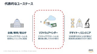 © 2021, Amazon Web Services, Inc. or its Affiliates. All rights reserved.
代表的なユースケース
デスクトップアプリケーションを
仮想化してシンプルに配信
企業/教育/官公庁
デスクトップアプリケーションを
書き換え無しでクラウド移⾏
ソフトウェアベンダー
3D処理やGPUによる計算など
⾼負荷な処理をクラウドで実⾏
デザイナー/エンジニア
 