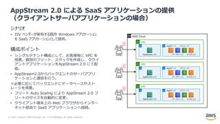 © 2021, Amazon Web Services, Inc. or its Affiliates. All rights reserved.
AppStream 2.0 による SaaS アプリケーションの提供
（クライアントサーバアプリケーションの場合）
シナリオ
• ISV ベンダーが保有する既存 Windows アプリケーション
を SaaS アプリケーションとして提供。
構成ポイント
• シングルテナント構成として、お客様毎に VPC を
⽤意。個別のフリート、スタックを作成し、クライ
アントアプリケーションをAppStream 2.0 にて配
信。
• AppStream2.0からバックエンドのサーバアプリ
ケーションと通信を⾏う。
※必要に応じてバックエンドにデータベースやスト
レージを⽤意。
• フリート Auto Scaling により AppStream 2.0 フ
リートのサイズを⾃動的に変更。
• クライアント端末上の Web ブラウザからインター
ネット経由で SaaS アプリケーションへ接続。
AWS Cloud
AppStream 2.0
データベース
ストレージ
ライセンス
AppStream 2.0
AppStream 2.0
お客様1
お客様2
お客様3
VPC
VPC
VPC
Appサーバ
データベース
ストレージ
ライセンス
Appサーバ
データベース
ストレージ
ライセンス
Appサーバ
 