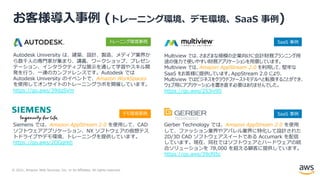 © 2021, Amazon Web Services, Inc. or its Affiliates. All rights reserved.
お客様導⼊事例 (トレーニング環境、デモ環境、SaaS 事例)
Autodesk University は、建築、設計、製造、メディア業界か
ら数千⼈の専⾨家が集まり、講義、ワークショップ、プレゼン
テーション、インタラクティブな展⽰を通して学習やスキル開
発を⾏う、⼀連のカンファレンスです。Autodesk では
Autodesk University のイベントで、Amazon WorkSpaces
を使⽤してオンサイトのトレーニングラボを開催しています。
https://go.aws/39dqSVm
Multiview では、さまざまな規模の企業向けに会計財務プランニング⽤
途の強⼒で使いやすい財務アプリケーションを⽤意しています。
Multiview では、Amazon AppStream 2.0 を利⽤して、堅牢な
SaaS をお客様に提供しています。AppStream 2.0 により、
Multiview ではビジネスをクラウドファーストモデルへと転換することができ、
ウェブ⽤にアプリケーションを書き直す必要はありませんでした。
https://go.aws/2S3iv90
Siemens では、Amazon AppStream 2.0 を使⽤して、CAD
ソフトウェアアプリケーション、NX ソフトウェアの仮想テス
トドライブやデモ環境、トレーニングを提供しています。
https://go.aws/2OGqHdj
トレーニング環境事例
デモ環境事例
SaaS 事例
Gerber Technology では、Amazon AppStream 2.0 を使⽤
して、ファッション業界やアパレル業界に特化して設計された
2D/3D CAD ソフトウェアスイートである Accumark を配信
しています。現在、同社ではソフトウェアとハードウェアの統
合ソリューションを 78,000 を超える顧客に提供しています。
https://go.aws/39cRl5c
SaaS 事例
 